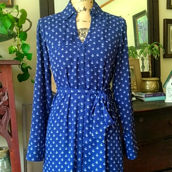 Express Dresses & Skirts - Express Portofino Anchor Nautical Print Shirt Dress Navy White